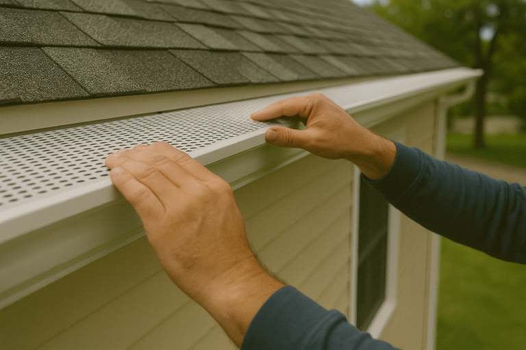 Technician installing MasterShield gutter guard on a home in Oswego, IL